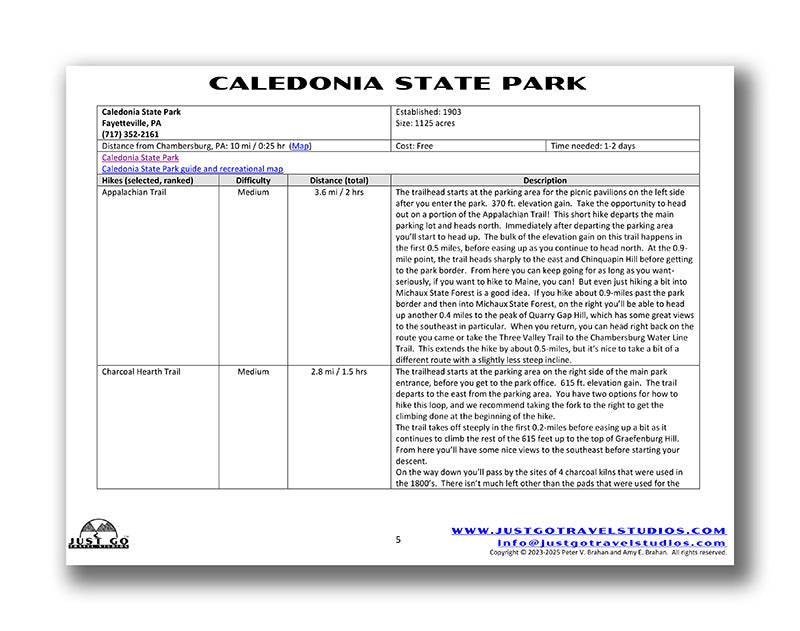 Caledonia State Park Itinerary (Digital Download)