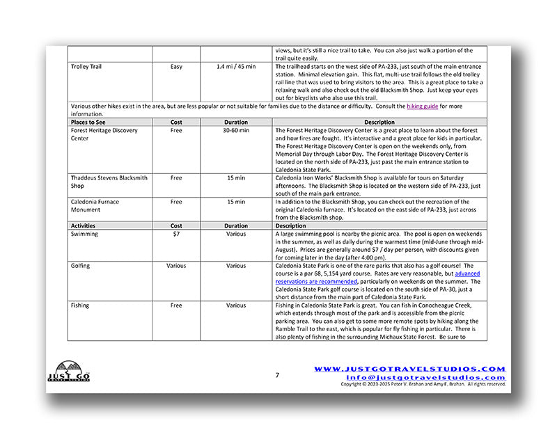 Caledonia State Park Itinerary (Digital Download)