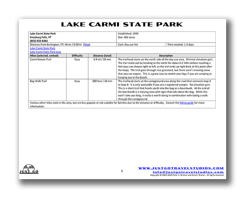 Lake Carmi State Park Itinerary (Digital Download)