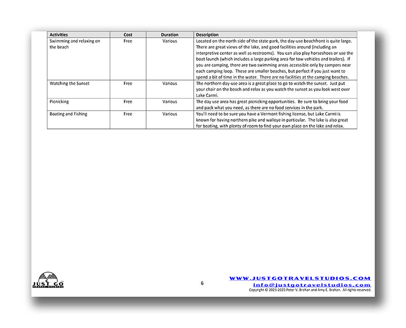 Lake Carmi State Park Itinerary (Digital Download)