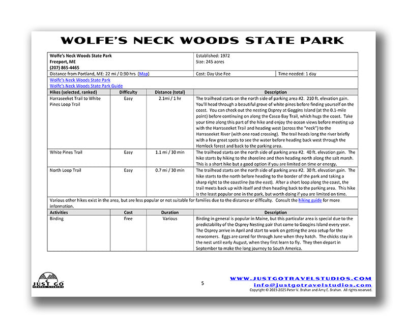 Wolfe's Neck Woods State Park Itinerary (Digital Download)